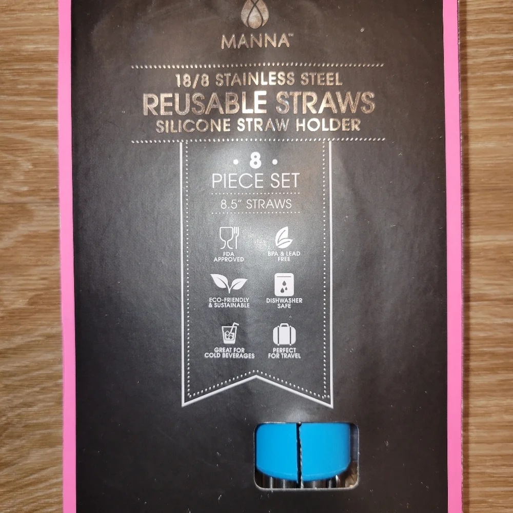 MANNA 18/8 Stainless Steel Reusable Straws & Silicone Straw Holder 8 Piece Set